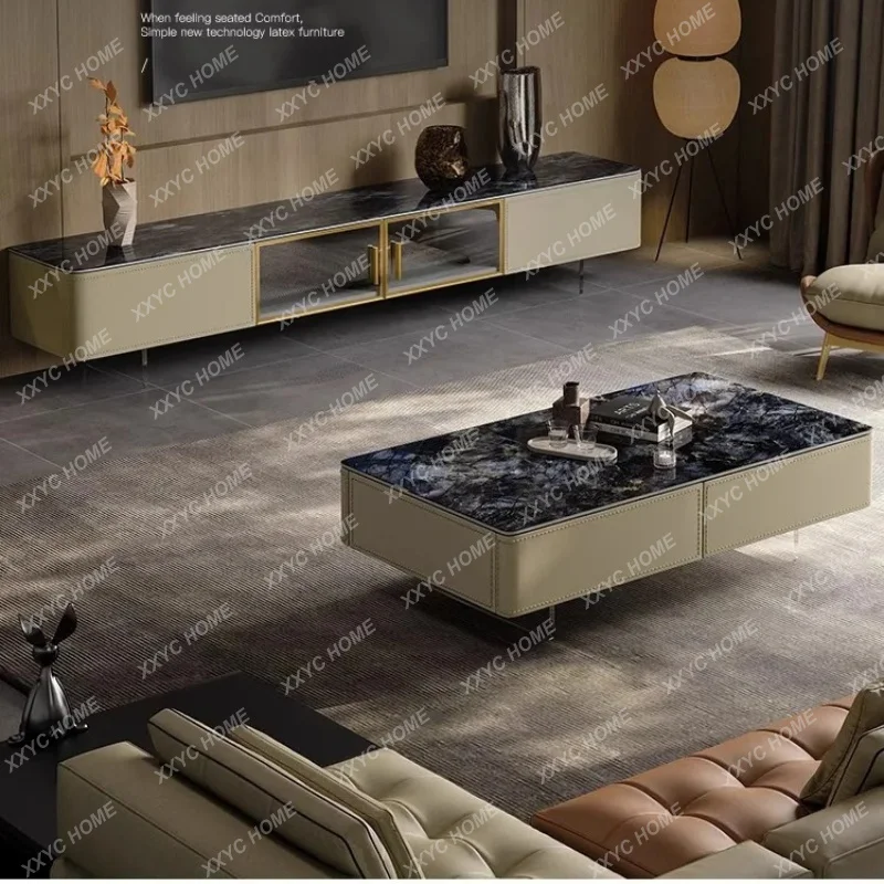 XXLuxury stone rock panel TV cabinet Living room furniture  light luxury acrylic saddle leather cabinet