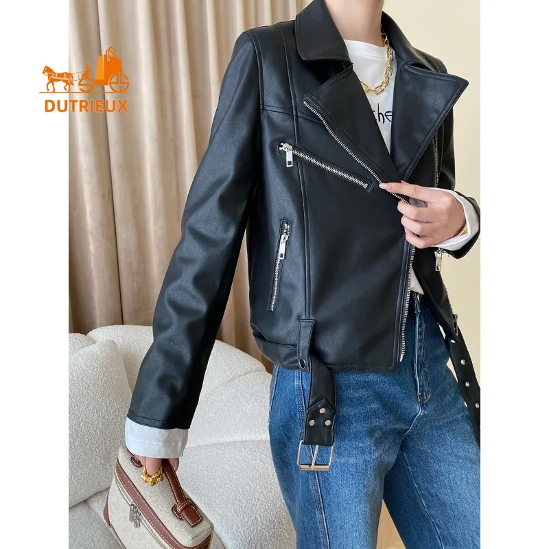 Spring Autumn Women's Fashion Motorcycle Style Real Leather Jacket, 100% Genuine Sheepskin, Simple and Casual Coat for Women