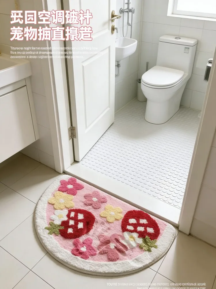 Strawberry Flower Semi-Circle Doormat, Cute Plush Non-Slip Rug, Aesthetic Floor Mat for Bedroom Bathroom Entry