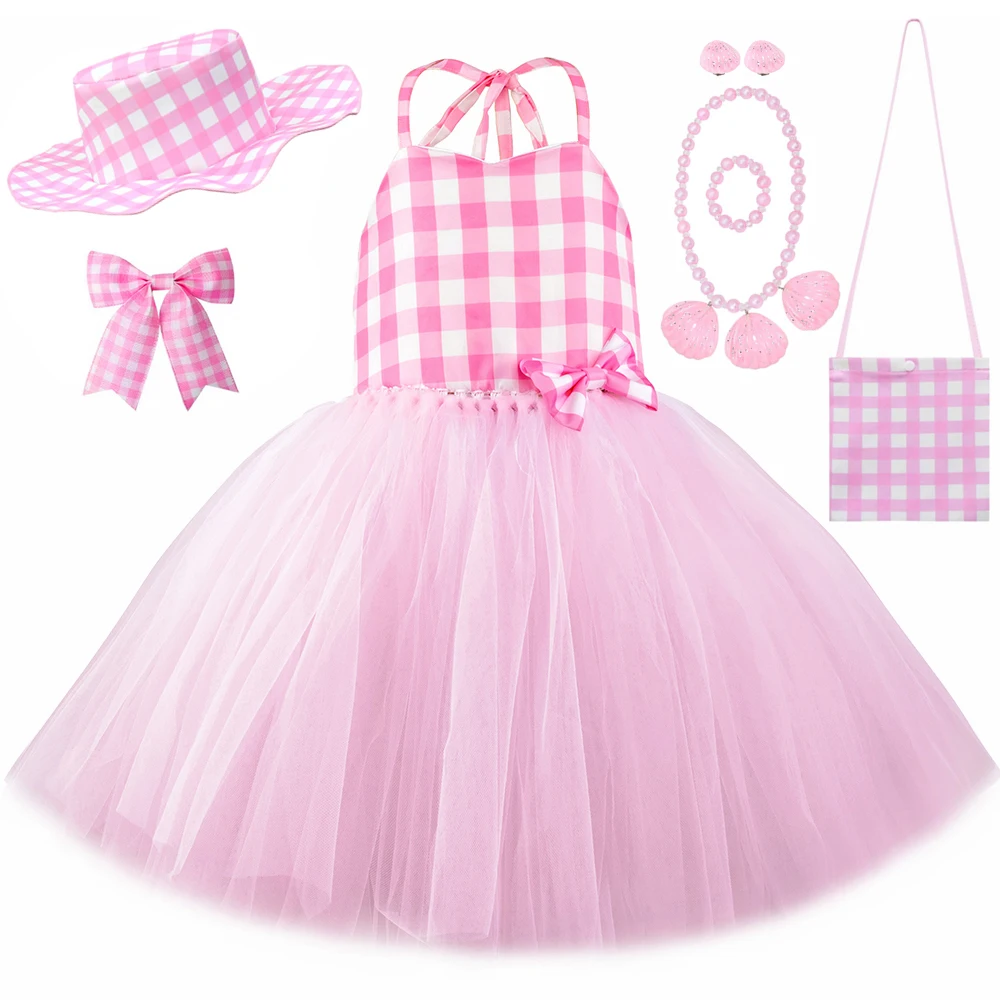 Baby Pink Barbi Tutus Dresses For Girls Birthday Party Costumes Kids Christmas Halloween Outfits Princess Plaid Clothes With Bow