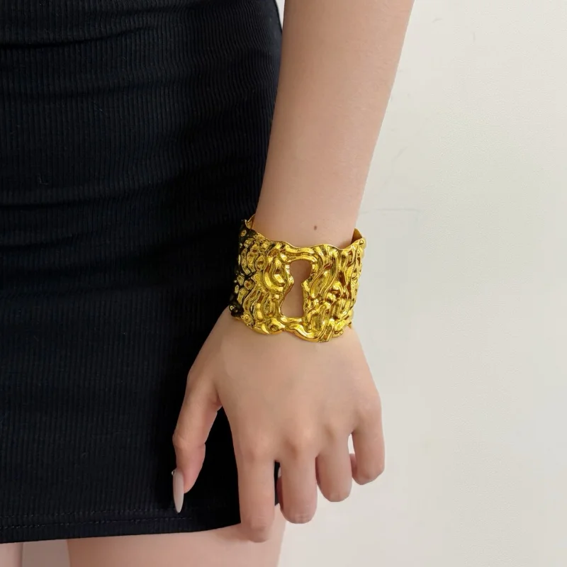 

Gold Molten Textured Wide Cuff Bracelet, Abstract Irregular Open Bangle, Chunky Statement Jewelry for Women