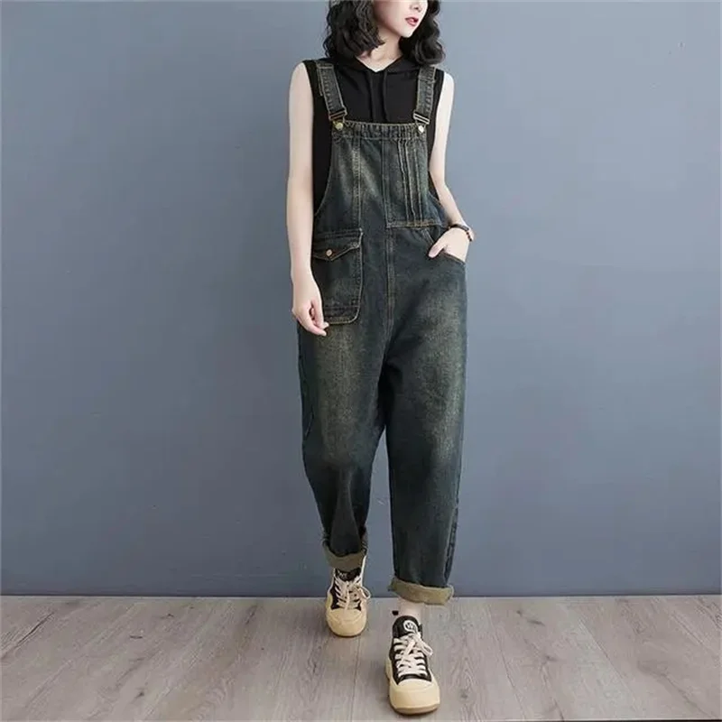 2025 Spring Summer New High Waist Cowboy Strap Pants for Women Casual Artistic retro Loose Student Sleeveless Denim jumpsuit