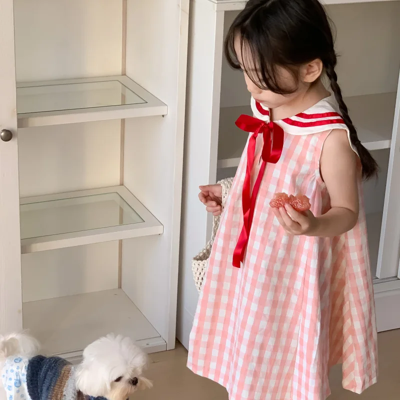 2024 Plaid Preppy Style Girl\'s Dress Sailor Collar Sleeveless Clothing Stripe with Lace Up Sweet Girl Kids Causal Vest Dresses