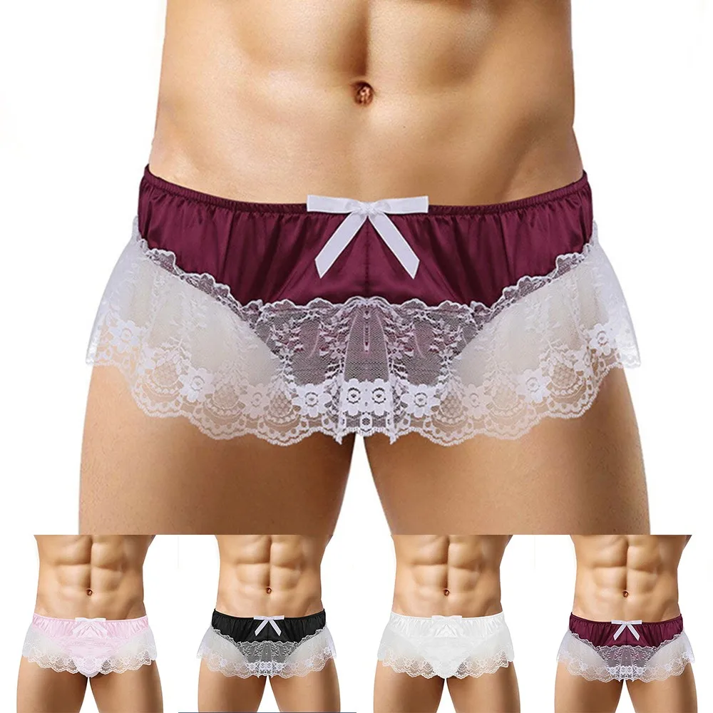 Homens Sexy Renda G-Strings Sissy T-Back Ruffle Pouch Calcinhas, Cuecas de Cetim, Roupa Interior Respirável, Roupa Gay, Lingerie Erótica