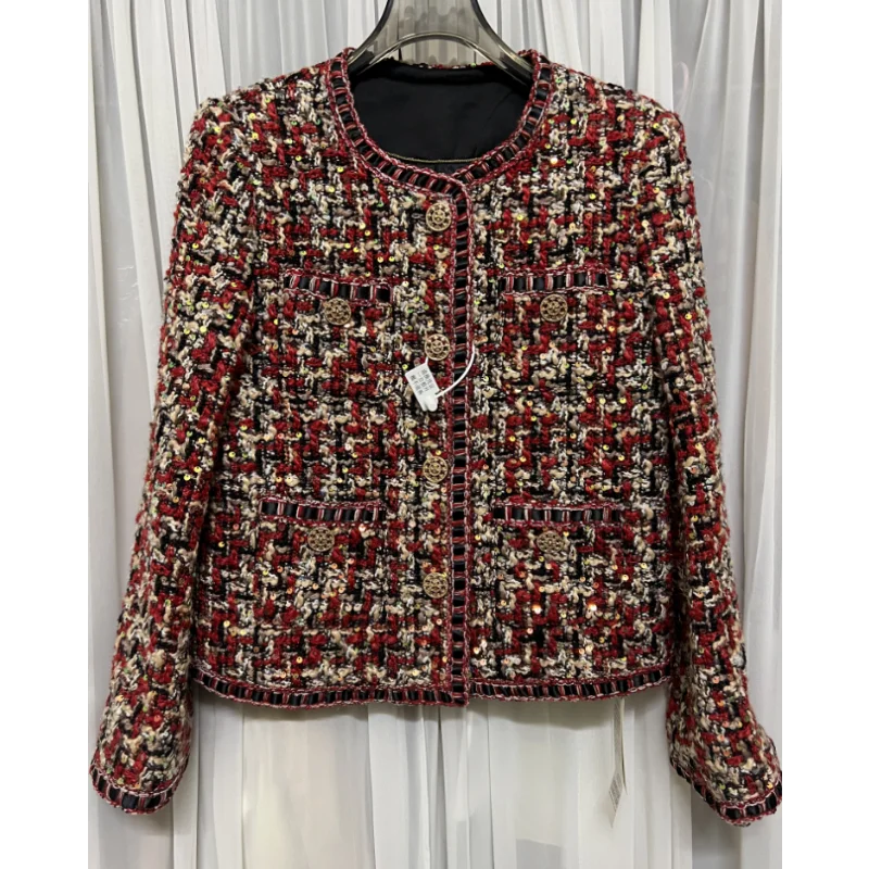 French Vintage Small Fragrance Jacket Women Spring Autumn Casual High Quality Casual Loose Dark Green Tweed Long Sleeve Coat