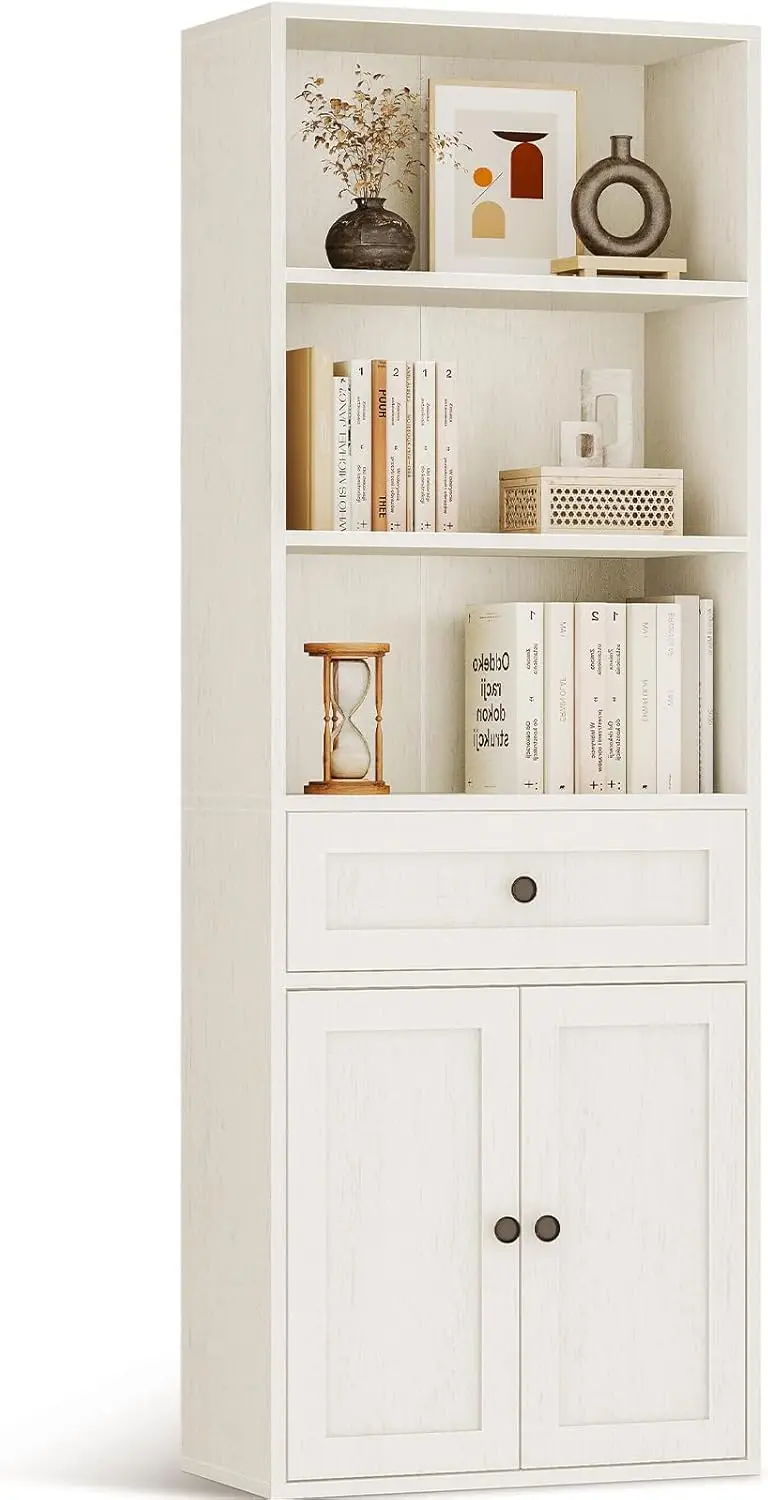 Coleshome - 5-stöckiges Bücherregal mit Türen, Schrank, Schubladen und Aufbewahrungsregal für Wohnzimmer, Büro oder Schlafzimmer, Weiß, 48 X 24 X 164,2