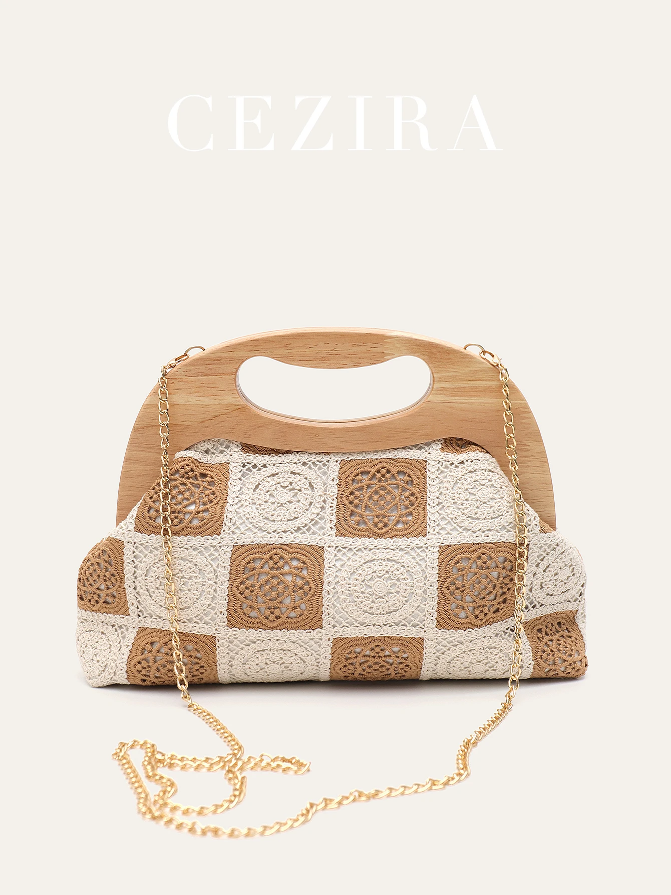 CR Women's Top-handle Bag Fashion Vacation Knitting Hollow Out Handbag Plaid Pattern Wooden Frame Chain Shoulder Crossbody Purse
