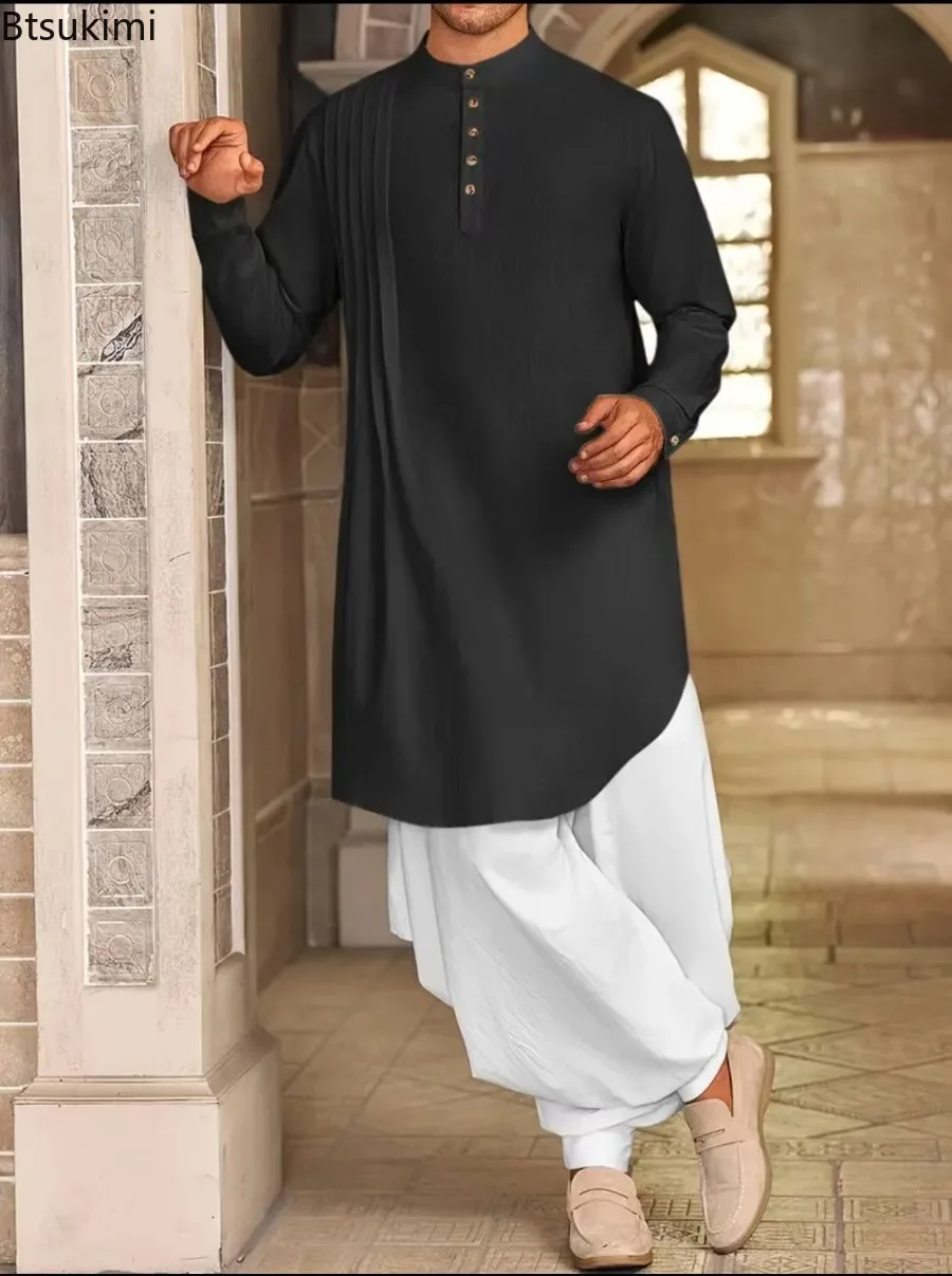 

Fashion New Men's Muslim Shirts Stand Collar Pullover Kaftan Solid Robe Men Jubba Thobe Pakistan Caftan Arabic Islamic Clothing