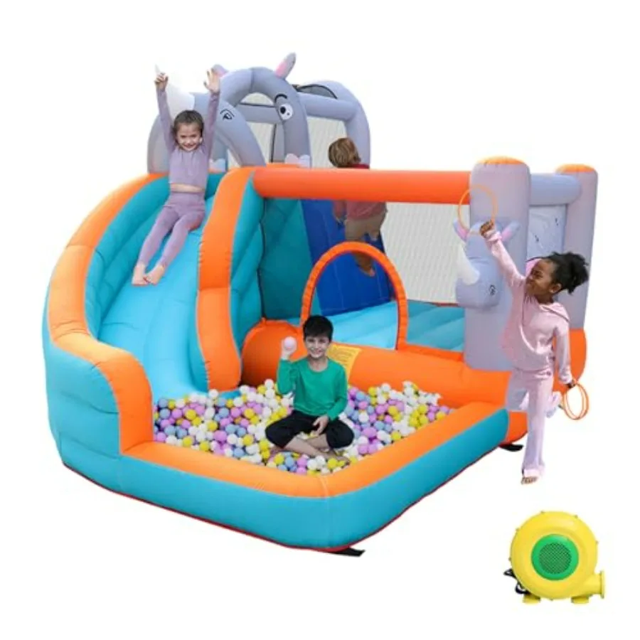 Backyard inflatable bounce house for kids, PVC material, blue and yellow, includes water slide, ball pit, and obstacle course
