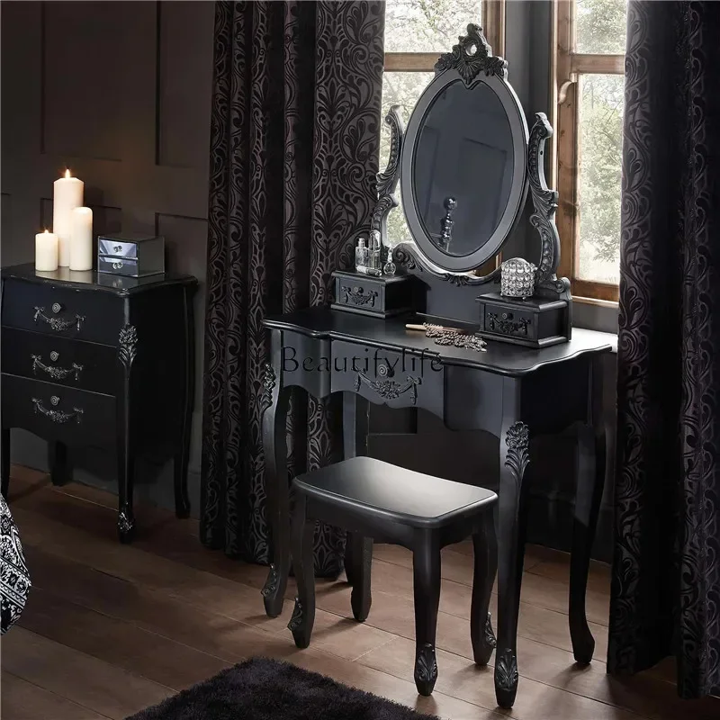 

09retro dresser classic black solid wood bedroom princess makeup table American light engraving