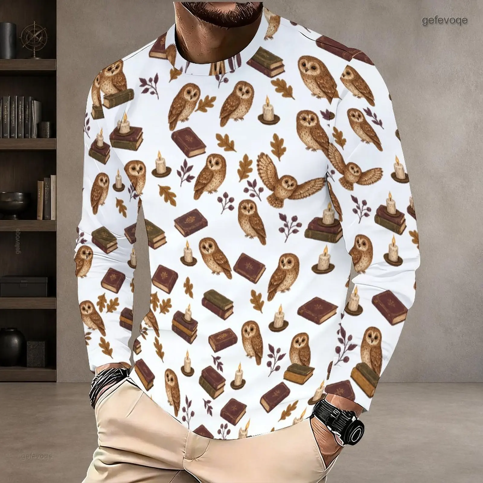 Round Neck Long Sleeve Pullover Straight Hem Printed T Shirt for Men