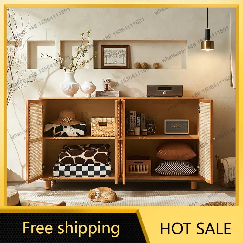 LD Japanese style, solid wood locker rattan multi-functional ash wood simple side cabinet