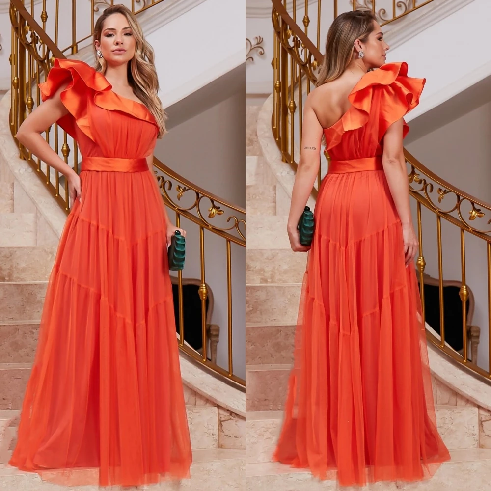 Tulle Draped Pleat Clubbing A-line One-shoulder Bespoke Occasion Gown Long Dresses