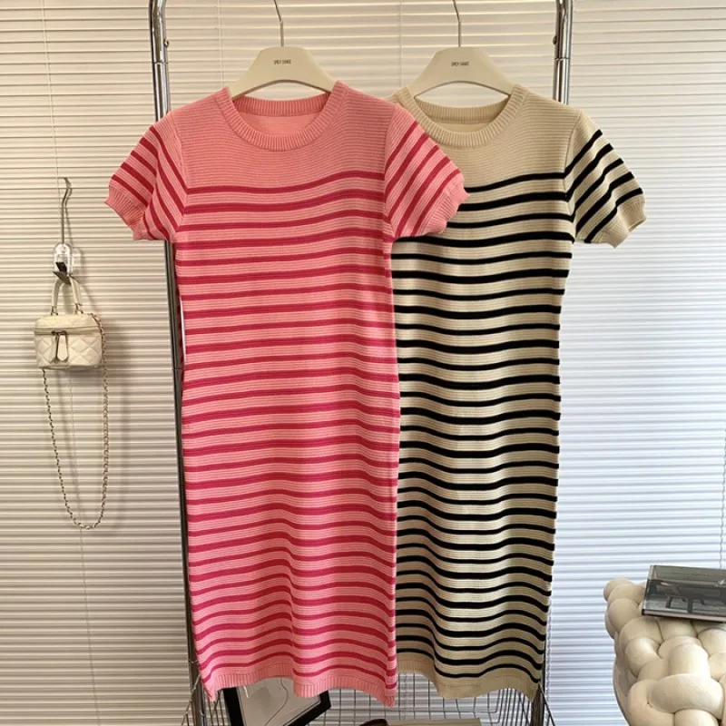 2024 new Summer Women O Neck Short Sleeves Knitted Dress fashione casual high waist elastic stripe printing Bodycon Dress