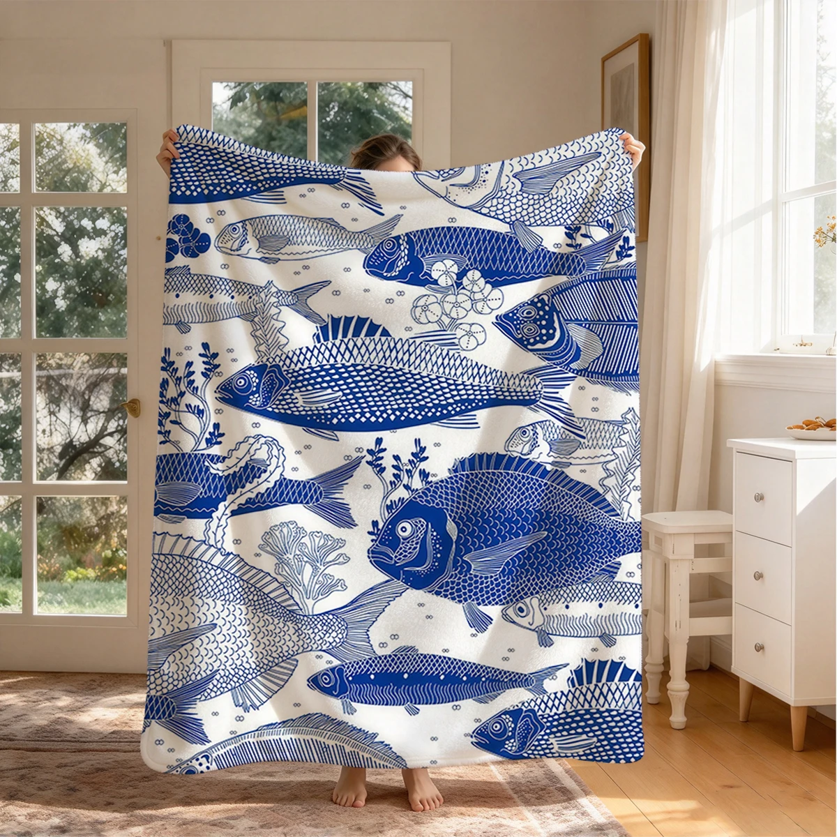 Blue Ocean Fauna Flannel Blanket Warm Soft Halloween Christmas Couch Warm Cozy Decorative Decor Gift for All Season