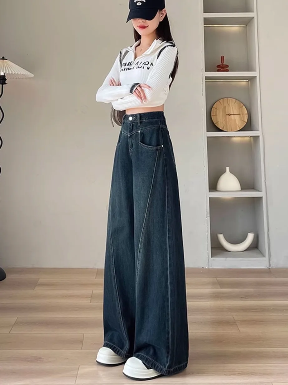 

Широкие джинсы с высокой талией, женские модные драпированные утягивающие джинсовые брюки, весна-осень, повседневные удобные брюки с высокой посадкой