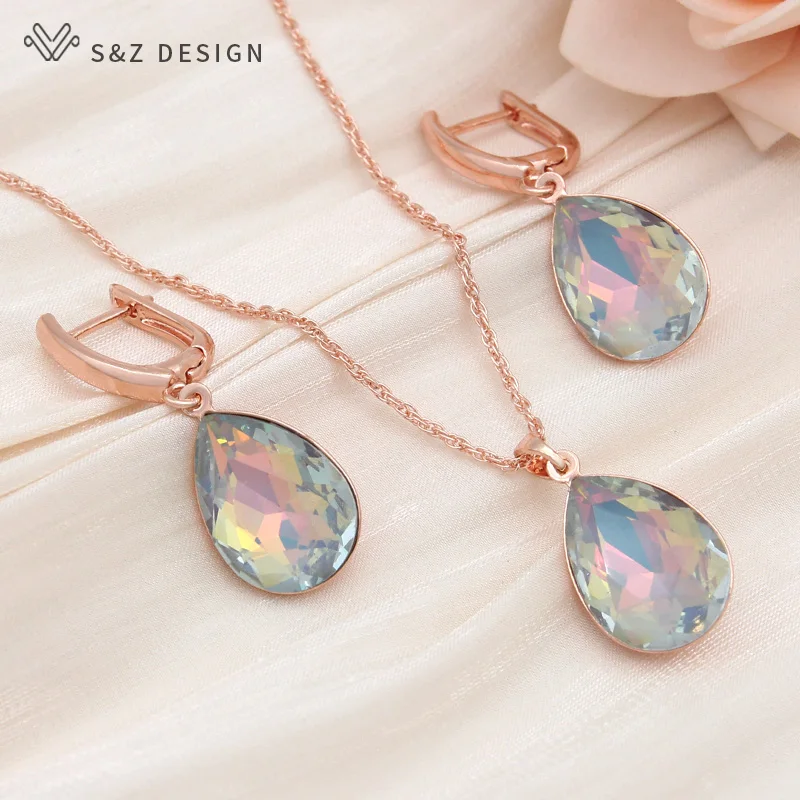 S&Z DESIGN New Fashion Classic 585 Rose Gold Color Water Drop Crystal Dangle Earrings Jewelry Sets For Women Wedding Necklace