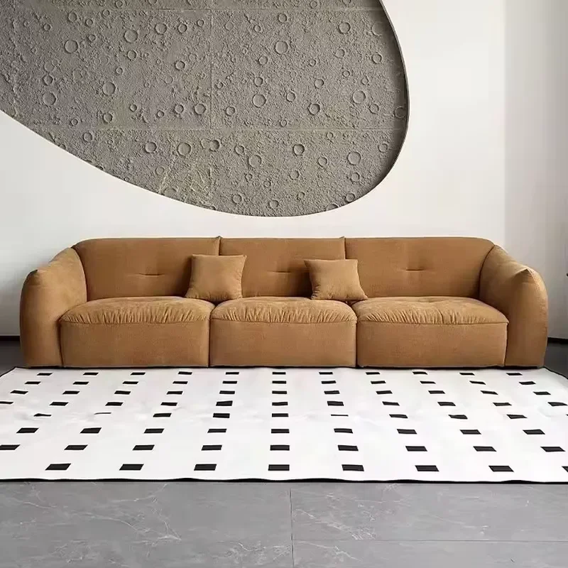 Ribbed Corduroy Camel Sofa with Button Tufted Decoration Three Seater Deep Cushion Low Leisure Sofa for Luxury Villa Living