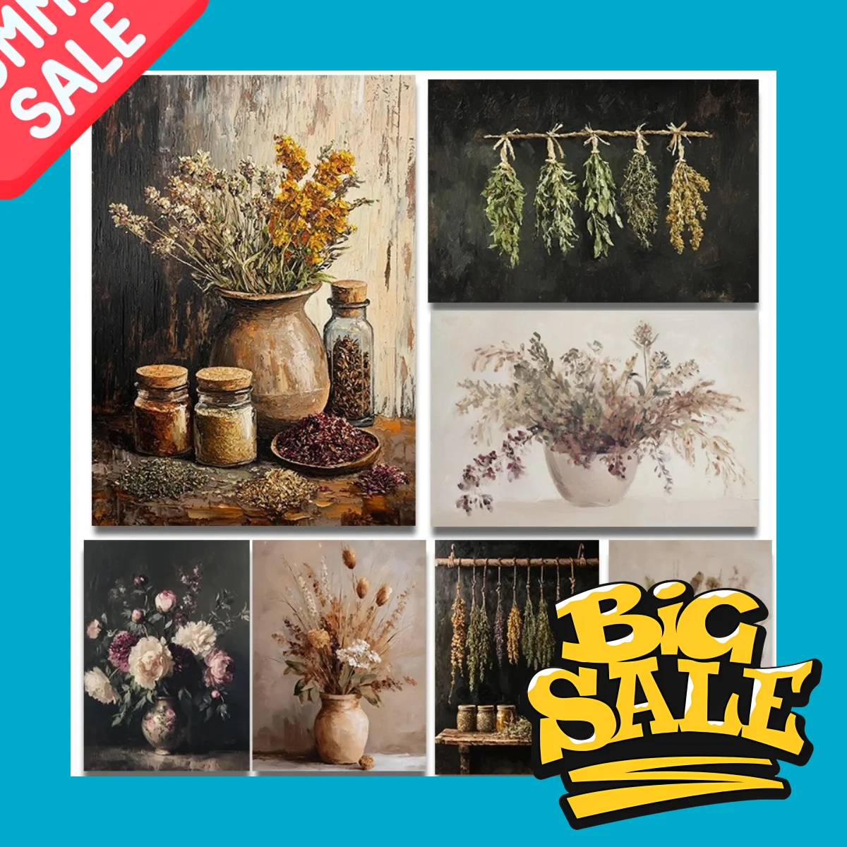Dried Herbs, Cozy Harvest – Vintage Autumn Farmhouse Still Life Rustic Frameless Canvas for Kitchen Living Room Decor 2026