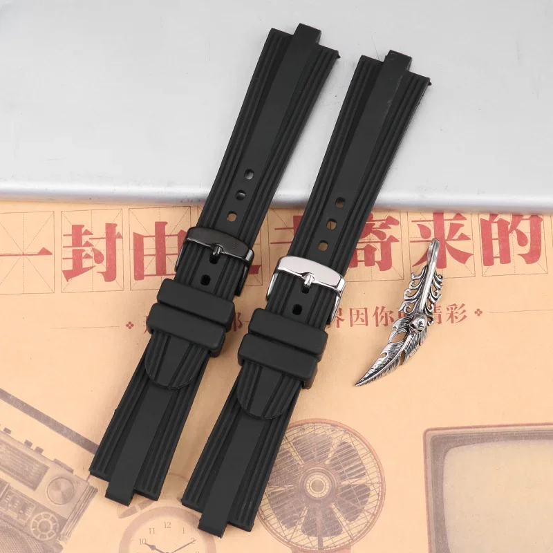 Waterproof Dust Free Silicone Rubber Watches Accessories for Bvlgari Diagono Special Convex Interface Black 22x7mm Watchbands