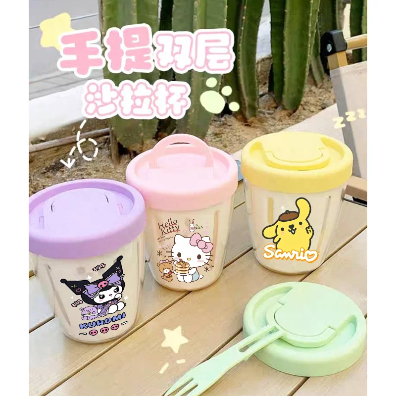 

New Sanrio Salad Mug Cartoon Hello Kitty Kuromi Melody Crystal Sticker Storages Cups Cartoon Portable Food Storage Bottle Gifts