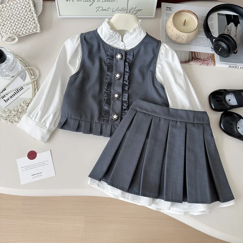 

Children's Outfit Skirt New Autumn Girl Baby Toddler Elegant Academy Style Vest Shirt Half Skirt Three-Piece Set