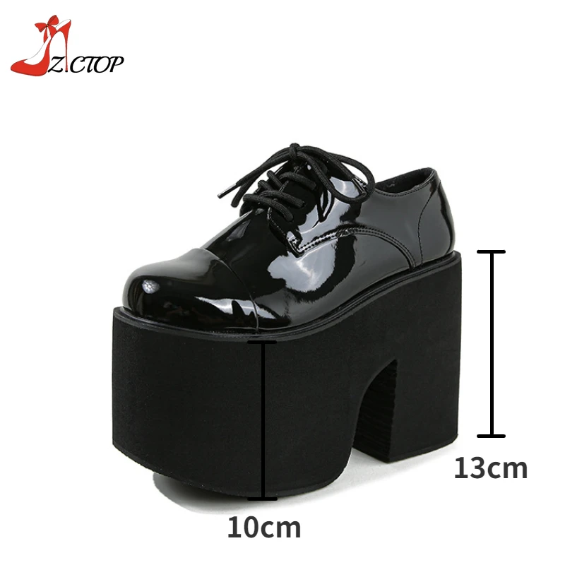 Super High Heels Chunky Platform Pumps Women Patent Leather Lace Up Gothic Punk Pink Mary Jane Lolita Cosplay Shoes Big Size 42