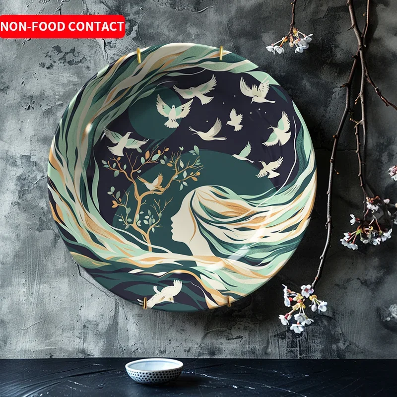 1pc Elegant Ceramic Decorative Plate - Serene Woman and Flying Birds Art Design, Non-Food Contact Wall Decor for Living Room,