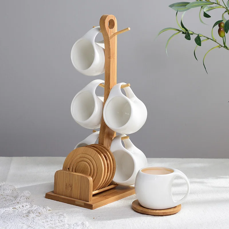 

Nordic Simple Ceramic Cup Set Six Pieces Tea Cup Coffee Cup Holder Anti-slip Mat Water Cup Set Bamboo Wood Stand Combination