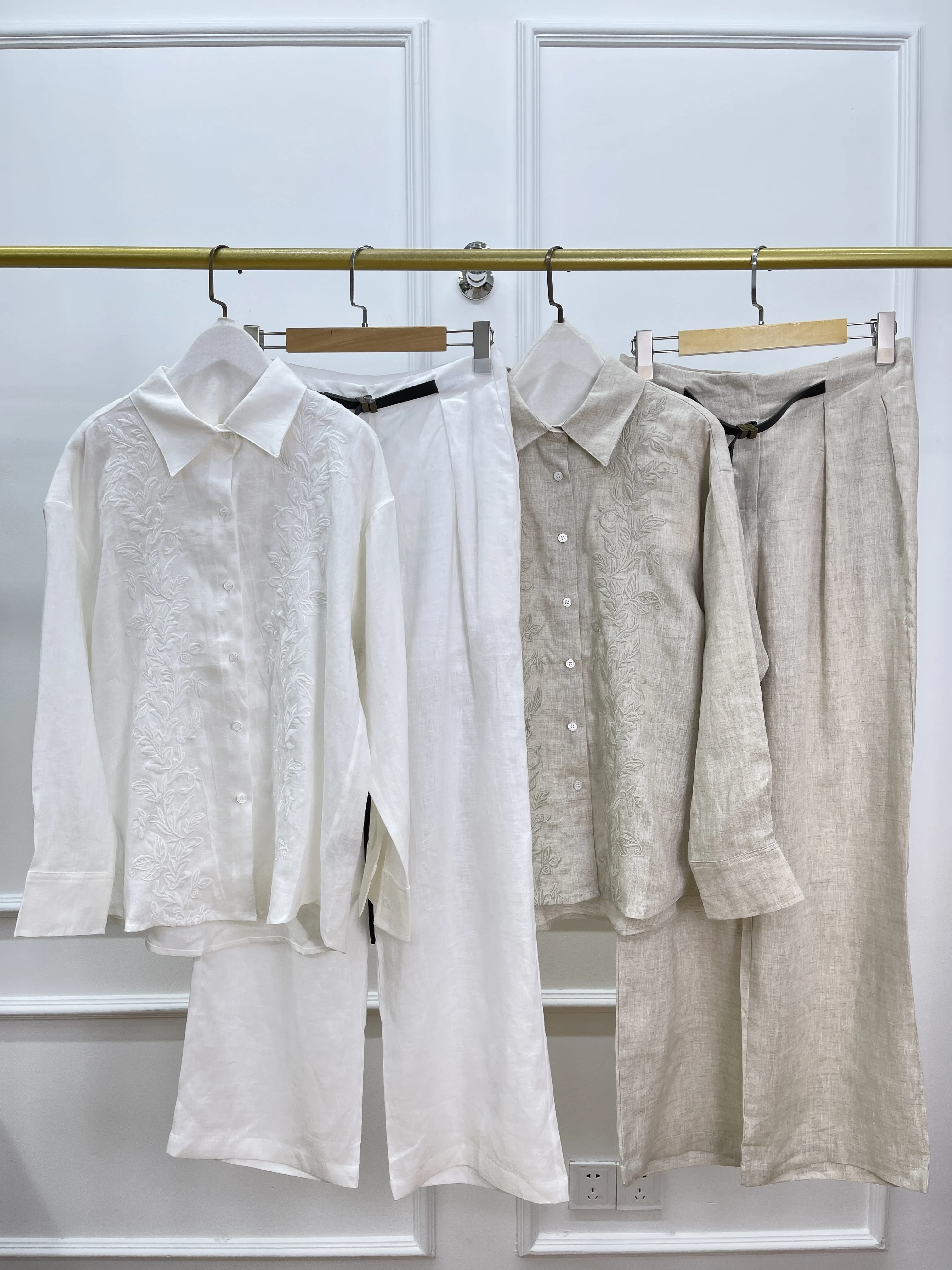 

2025 Spring And Summer New High Quality Fashion Loose Embroidered Linen Shirt Top + Linen Trousers Women'S Suit