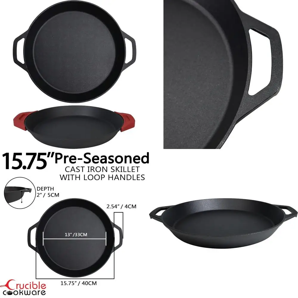 

Crucible Cookware Cast Iron Skillet - 15.75-Inch (40 cm) Dual Loop Handle Frying Pans, Paella Pan + Silicone Handle Holder Cover