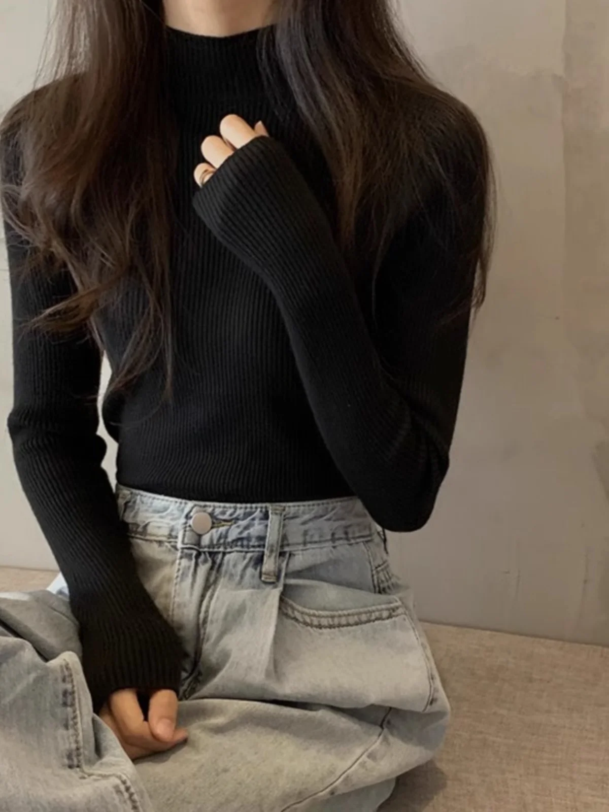 

Elegant Knitted Base Shirt Women's Fashionable Black Sweater Inner Wear Half High Collar Autumn Season Ladies' Top Quality Ma...