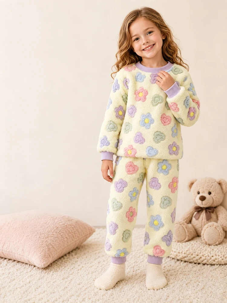 Herbst-Winter-Kinder-Flanell-Pyjama-Set Baby Junge Mädchen Niedlicher Dinosaurier Wolke Langarm-Oberteil+Hose 2-teilig Kinder Dicke Warme Schlafkleidung – Detail 4