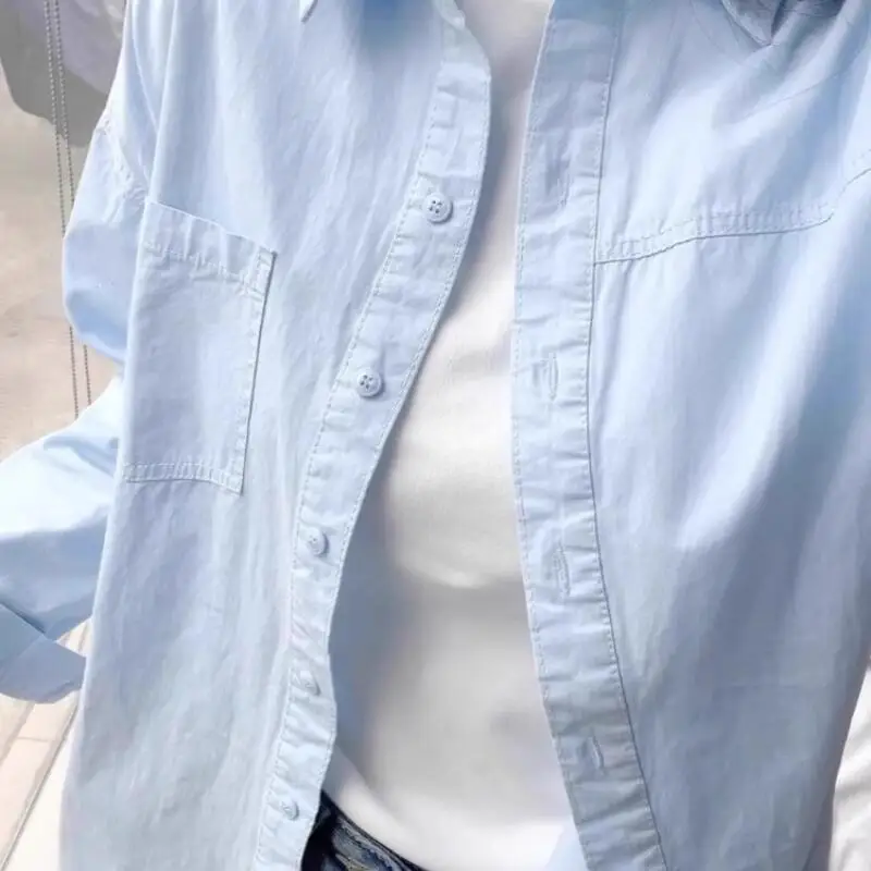 

Dopamine Shirt Female Spring Autumn Light Blue Thin Version Tops External Outfit Pure Cotton Loose Versatile Coat Wholesale