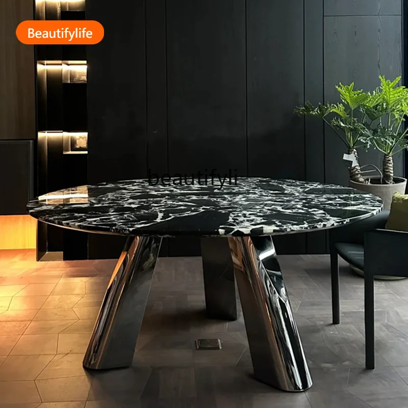 

A435 Natural Marble round Table Stone Black Modern Minimalist Italian Light Luxury round Dining Table