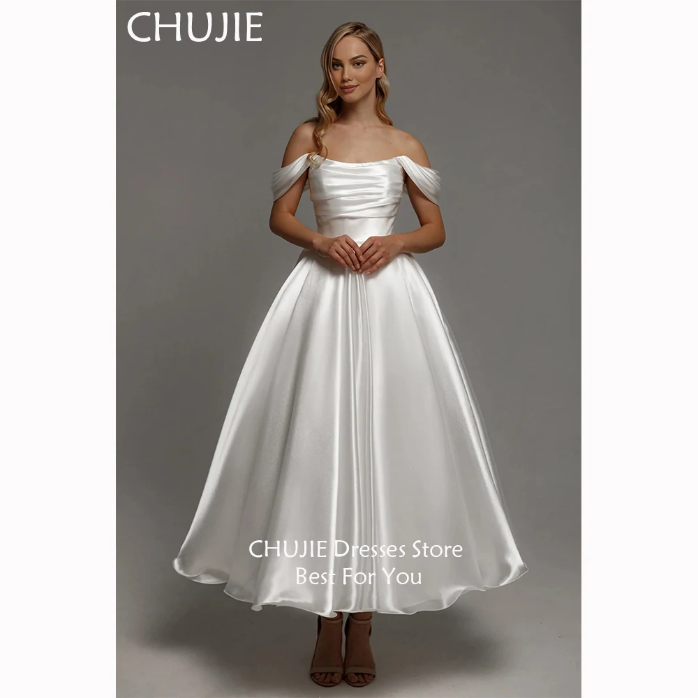 A Line Pleat Bridal Gowns White Glitter Tulle Classic Off Shoulder Wedding Dresses Woman Customized Bride Dress Свадебно платье