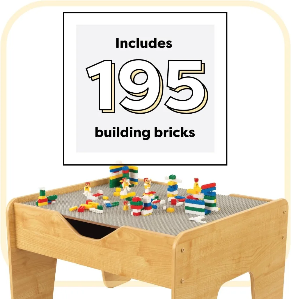 Reversible Wooden Activity Table with 195 Building Bricks, Gray & Natural, Gift for Kids Age 3+