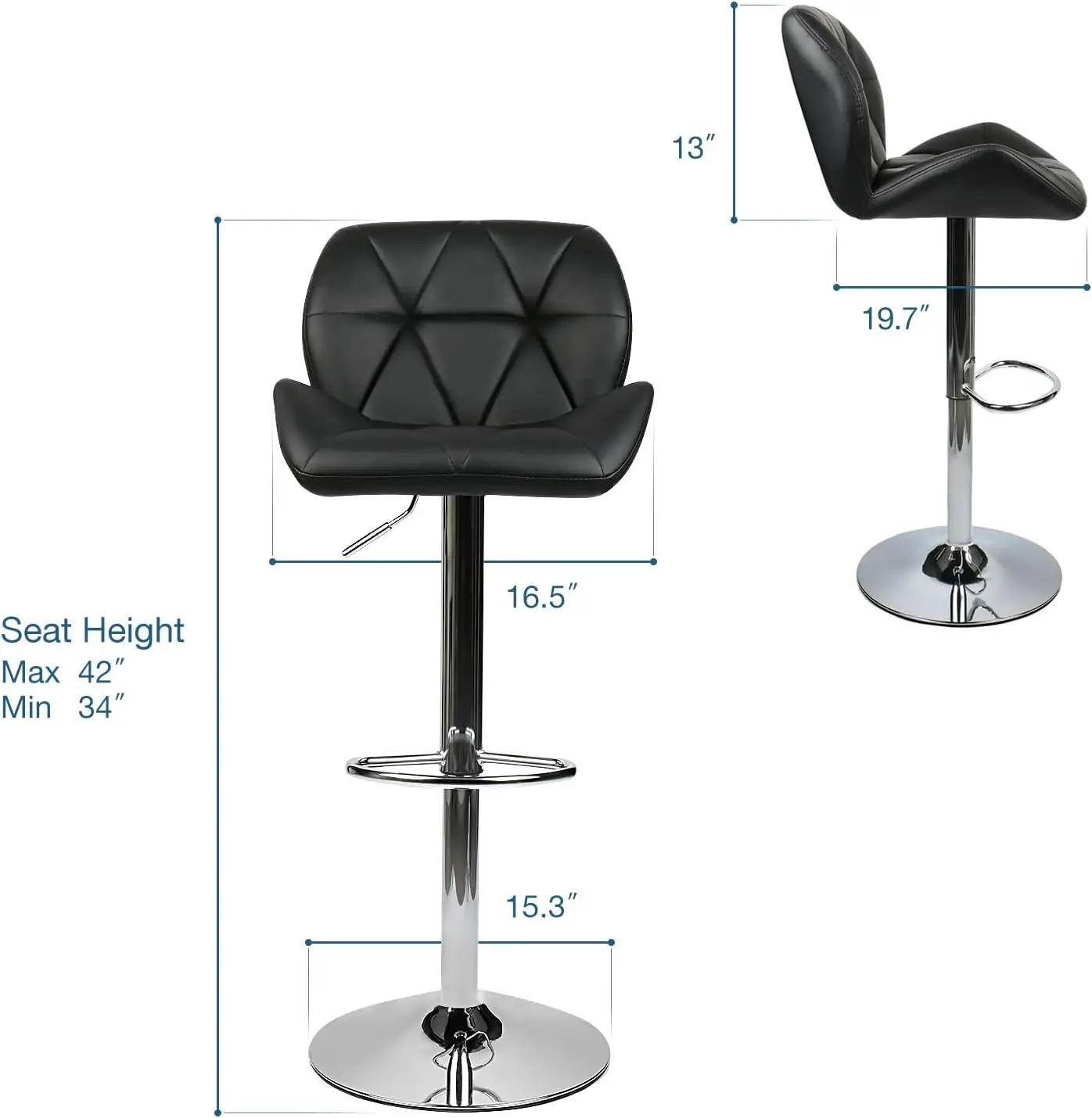 Bar Chairs Set of 2 PU Leather Bar Stools Adjustable Height Swivel 360 Degrees Black