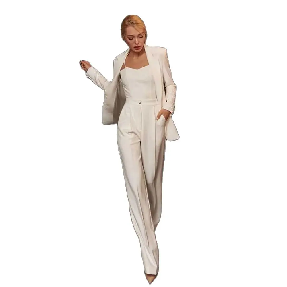 Elegant White Suit for Women Single Breasted Notch Lapel 2 Piece Jacket Pants Female Clothing Slim Fit Office Lady Blazer Set