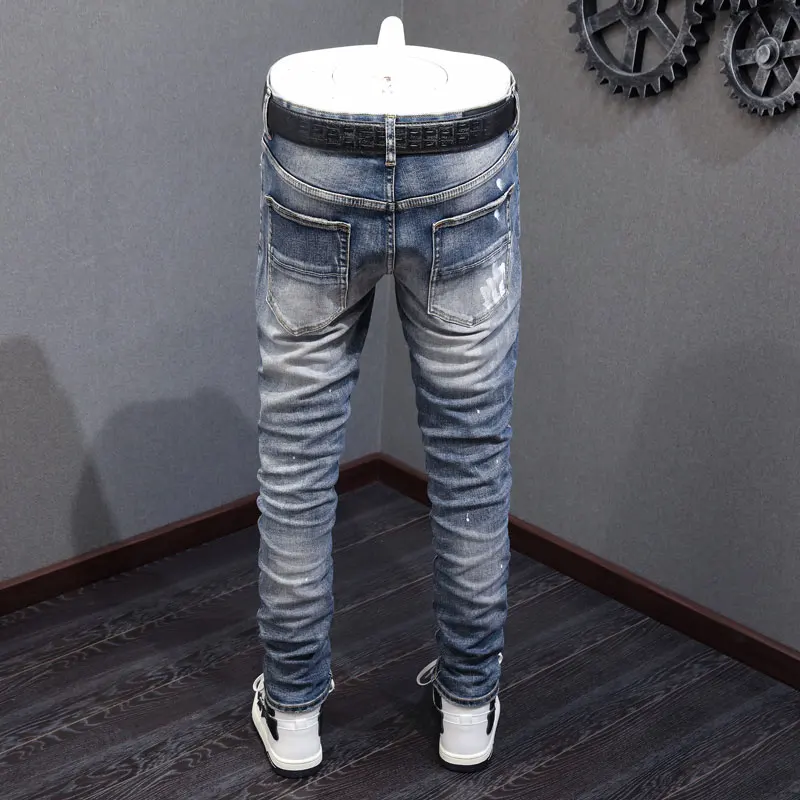 Designer street fashion men's retro blue high-quality jeans elastic tight patchY2K painted jeans men's