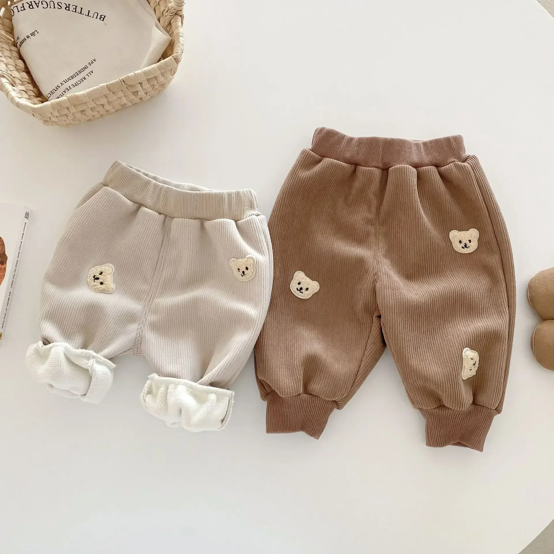 4421 Buy 2pcs Wholesale Children Bear Casual Pants 2024 Autumn Winter Baby Boy\'s Pant 0-5 Years Kid\'s Corduroy Pant Trousers