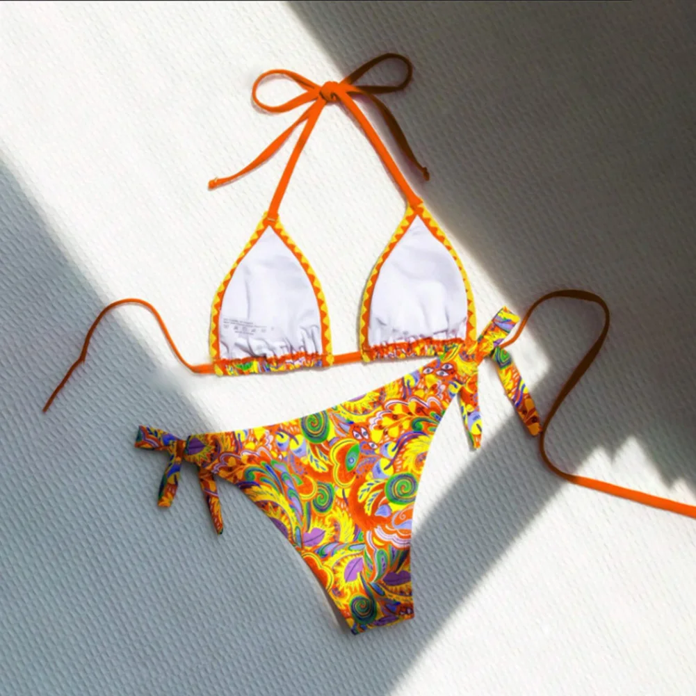 

Vintage Printed Fashion Women's Halter Tie Triangle Cup Bikini Sets Swimming Summer Swimwear Female Bikinis Suit