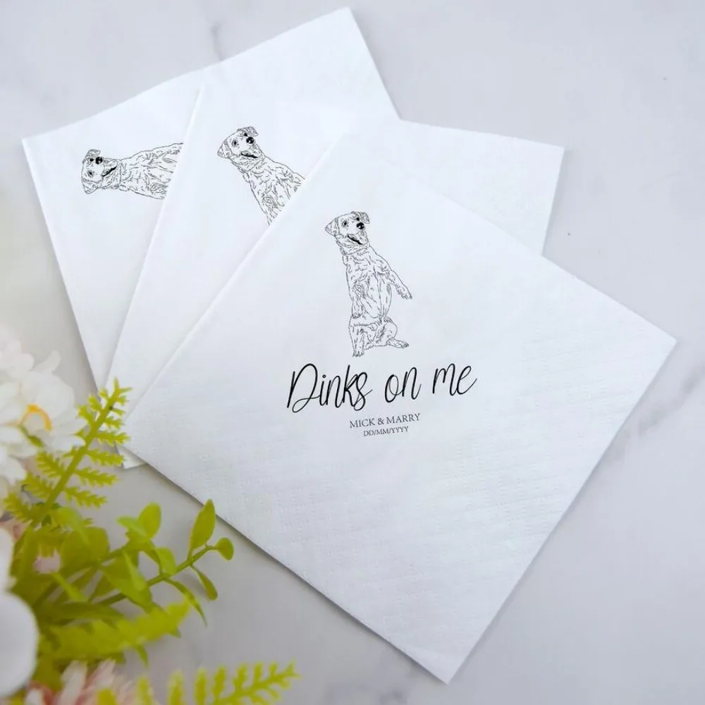 50 pcs Custom Illustrated Dog Wedding Napkins | Custom Pet Wedding Napkins | Custom Paper Napkins | Custom Engagement Napkins