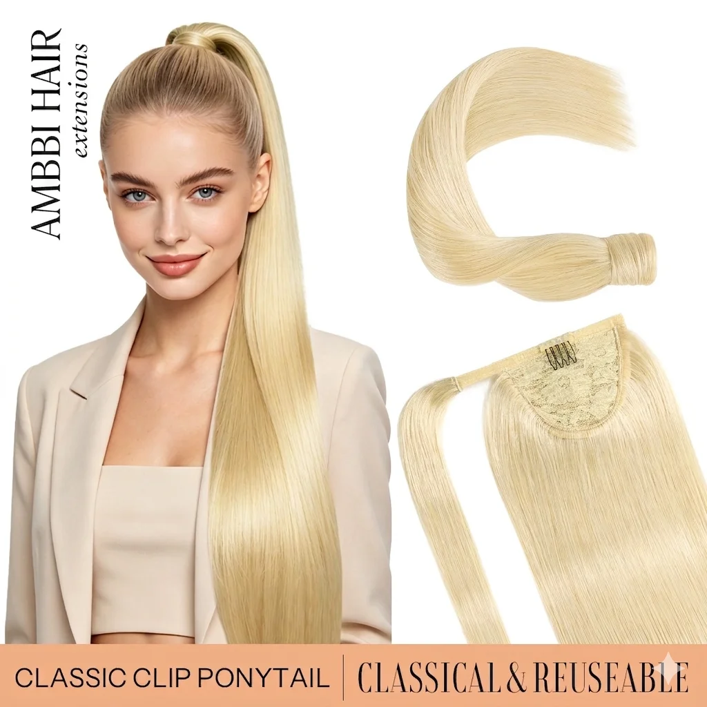 Blonde Straight Remy 100% Human Hair Ponytail Extensions Magic Wrap around Clip in Horsetail Hair Extension for Quick Hair Style
