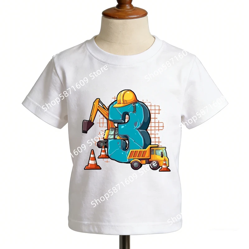 Boy excavator safety helmet number printed short sleeved T-shirt bulldozer construction vehicle children's short sleeved shirt