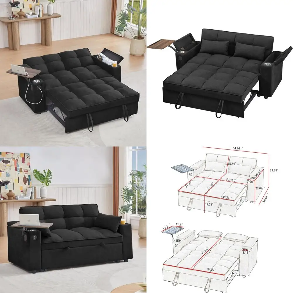 أريكة سرير قابلة للتحويل 65 مع مسند ظهر قابل للتعديل، وصالة تشيس، وطاولة جانبية، ومنافذ USB/Type-C - أثاث وظيفي أنيق #1