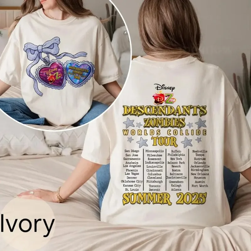 تي شيرت Descendants Zombies Worlds Collide Tour Disney للسيدات من القطن الخالص كاجوال عصري للشارع