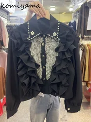 Hollow Out Embroidery Shirts & Blouses Cascading Ruffles Blusas Beads Camisas Long Sleeve Ropa Mujer Spring 2024 New Tops