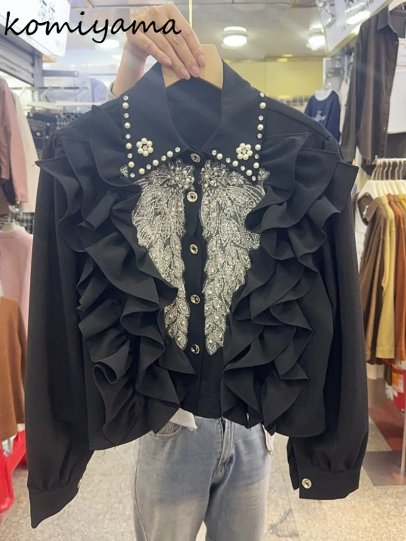 Hollow Out Embroidery Shirts & Blouses Cascading Ruffles Blusas Beads Camisas Long Sleeve Ropa Mujer Spring 2025 New Tops