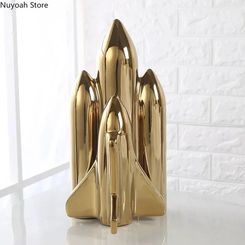 Creative Golden Rocket Ornaments Aviation Spaceship Modern Model Ceramic Crafts Desktop Ornaments Home Decoration Accessories
